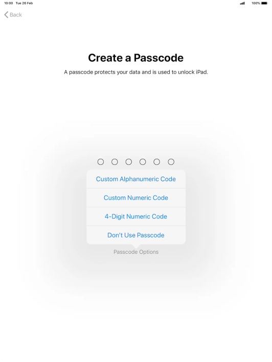 Follow the instructions on the screen to turn on use of lock code or press Don't Use Passcode.