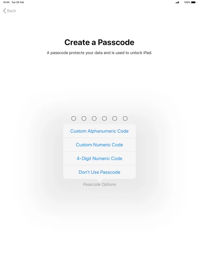 Follow the instructions on the screen to turn on use of lock code or press Don't Use Passcode.