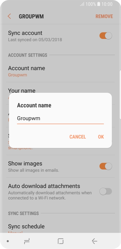 Key in the required name for the email account and press OK.