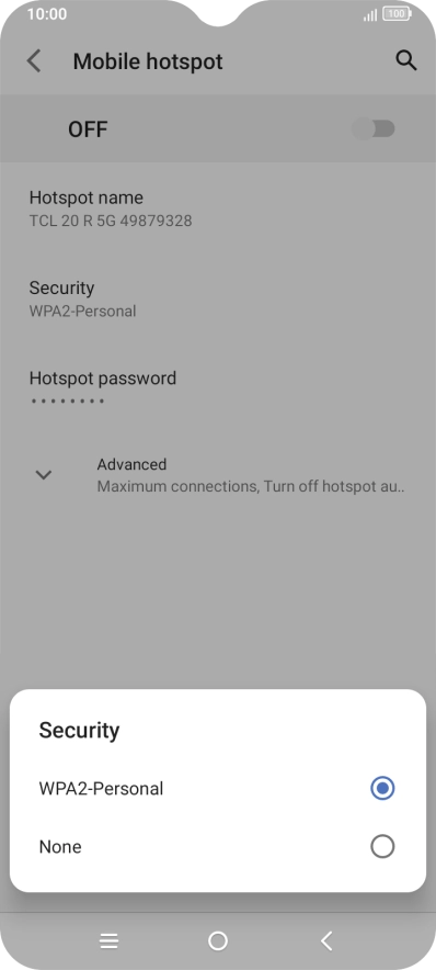 Press WPA2-Personal to password protect your Wi-Fi hotspot. Press WPA2-Personal to password protect your Wi-Fi hotspot.