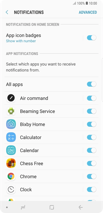 Press the indicator next to the required app to turn the function on or off.