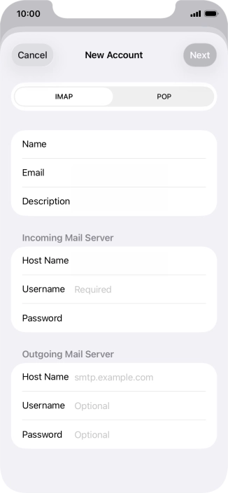 Press Username and key in the username for your email account.