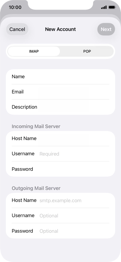 Press Username and key in the username for your email account.
