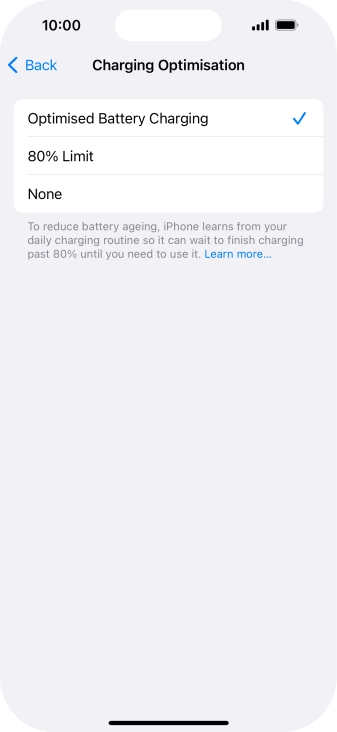 Press Optimised Battery Charging to turn the function on or off. Press Optimised Battery Charging to turn the function on or off.