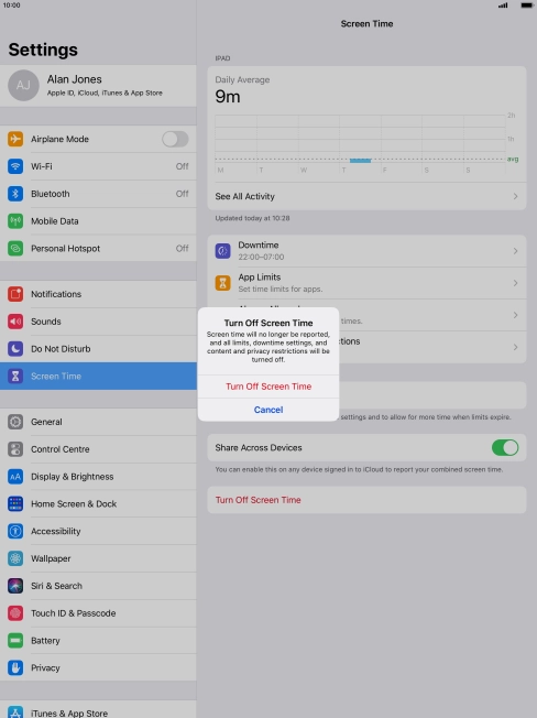 Press Turn Off Screen Time. Press Turn Off Screen Time.