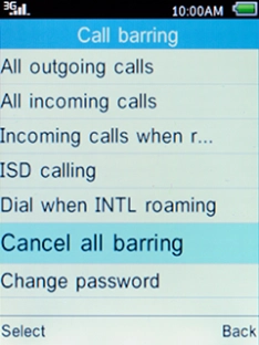 Select Cancel all barring and press the Left selection key. Select Cancel all barring and press the Left selection key.