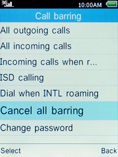 Select Cancel all barring and press the Left selection key. Select Cancel all barring and press the Left selection key.