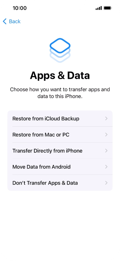 Press Don't Transfer Apps & Data and follow the instructions on the screen to finish the activation. Press Don't Transfer Apps & Data and follow the instructions on the screen to finish the activation.