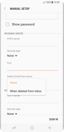 Press Never to keep email messages on the server when you delete them on your phone. Press Never to keep email messages on the server when you delete them on your phone.