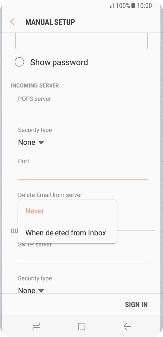 Press Never to keep email messages on the server when you delete them on your phone. Press Never to keep email messages on the server when you delete them on your phone.