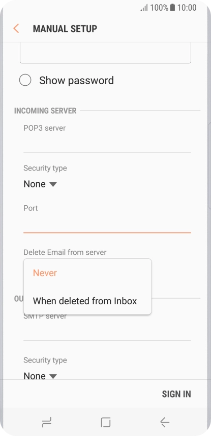 Press Never to keep email messages on the server when you delete them on your phone. Press Never to keep email messages on the server when you delete them on your phone.