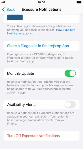 Press Turn Off Exposure Notifications.