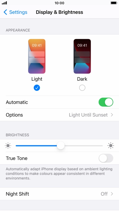If you turn on the function, press Options and follow the instructions on the screen to select the required period of time for Dark Mode.