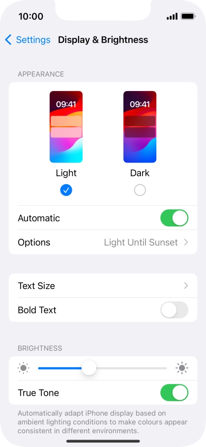 If you turn on the function, press Options and follow the instructions on the screen to select the required period of time for Dark Mode.