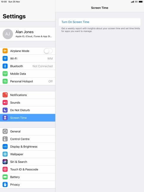 Press Turn On Screen Time. Press Turn On Screen Time.