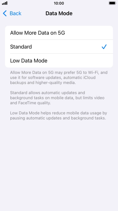 Press the required setting.