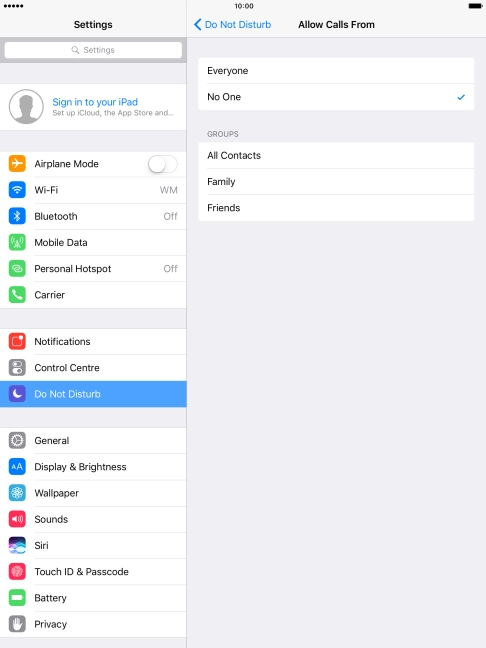 Press the required setting to select which contacts can call you even though Do Not Disturb is turned on. Press the required setting to select which contacts can call you even though Do Not Disturb is turned on.