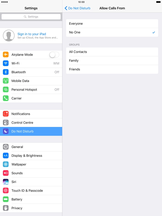 Press the required setting to select which contacts can call you even though Do Not Disturb is turned on. Press the required setting to select which contacts can call you even though Do Not Disturb is turned on.