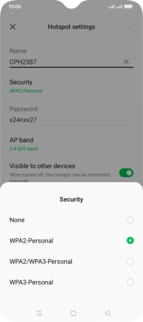 Press WPA3-Personal to password protect your Wi-Fi hotspot. Press WPA3-Personal to password protect your Wi-Fi hotspot.