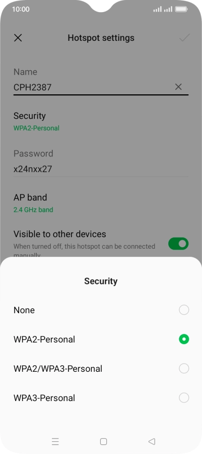 Press WPA3-Personal to password protect your Wi-Fi hotspot. Press WPA3-Personal to password protect your Wi-Fi hotspot.