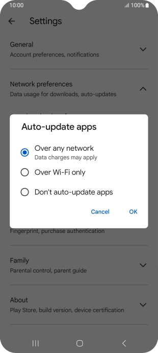 To turn on automatic update of apps using mobile network, press Over any network. To turn on automatic update of apps using mobile network, press Over any network.