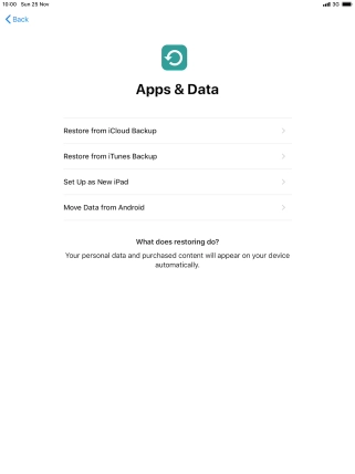 You can restore content from an iCloud backup when your tablet is activated for the first time and after a factory reset. When this screen is displayed, your tablet is ready to restore content from an iCloud backup. You can restore content from an iCloud backup when your tablet is activated for the first time and after a factory reset. When this screen is displayed, your tablet is ready to restore content from an iCloud backup.