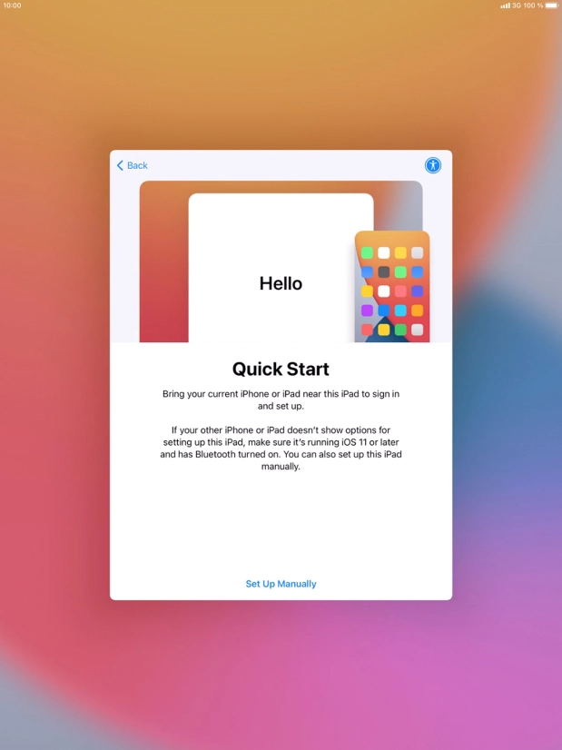 Follow the instructions on the screen to transfer content from another device running iOS 11 or later or press Set Up Manually. Follow the instructions on the screen to transfer content from another device running iOS 11 or later or press Set Up Manually.