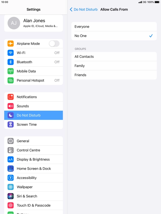 Press the required setting to select which contacts can call you even though Do Not Disturb is turned on. Press the required setting to select which contacts can call you even though Do Not Disturb is turned on.