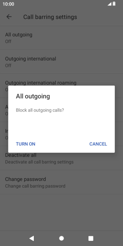 Key in your barring password and press TURN ON. The default barring password is 0000. Key in your barring password and press TURN ON. The default barring password is 0000.