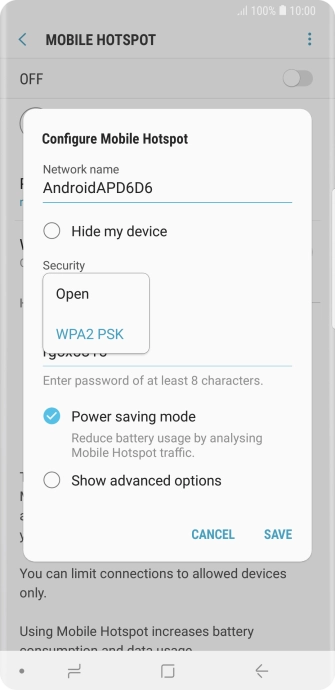 Press WPA2 PSK to password protect your Wi-Fi hotspot. Press WPA2 PSK to password protect your Wi-Fi hotspot.