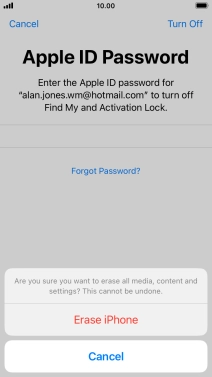 Key in the password for your Apple ID and press Erase iPhone. Wait a moment while the factory default settings are restored. Follow the instructions on the screen to set up your phone and prepare it for use. Key in the password for your Apple ID and press Erase iPhone. Wait a moment while the factory default settings are restored. Follow the instructions on the screen to set up your phone and prepare it for use.