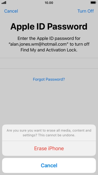 Key in the password for your Apple ID and press Erase iPhone. Wait a moment while the factory default settings are restored. Follow the instructions on the screen to set up your phone and prepare it for use. Key in the password for your Apple ID and press Erase iPhone. Wait a moment while the factory default settings are restored. Follow the instructions on the screen to set up your phone and prepare it for use.