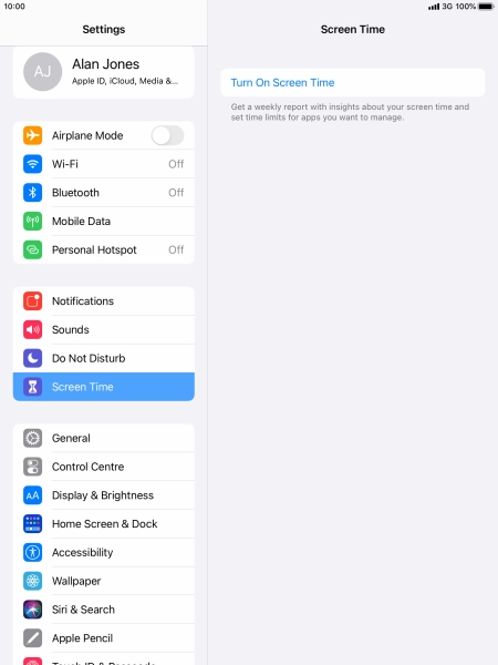 Press Turn On Screen Time. Press Turn On Screen Time.