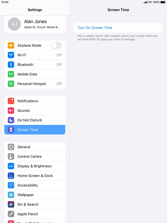 Press Turn On Screen Time. Press Turn On Screen Time.