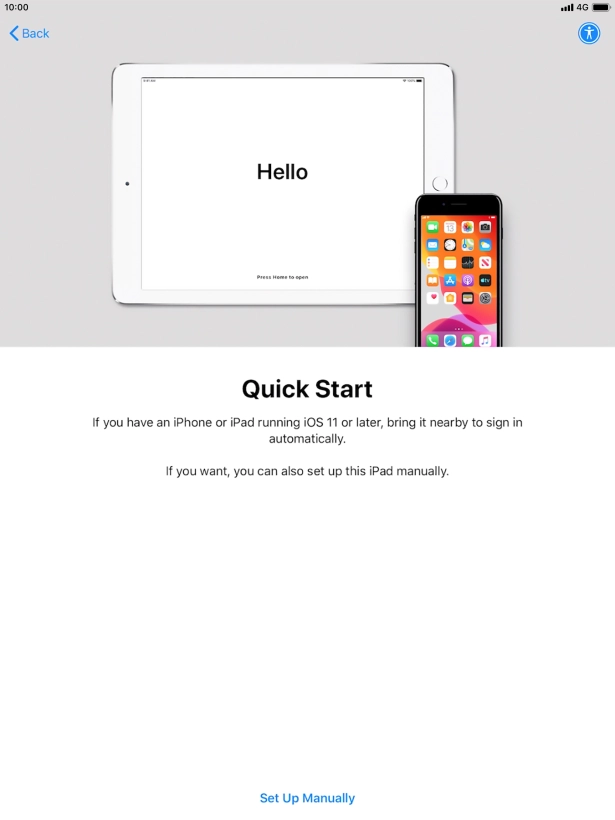 Follow the instructions on the screen to transfer content from another device running iOS 11 or later or press Set Up Manually. Follow the instructions on the screen to transfer content from another device running iOS 11 or later or press Set Up Manually.