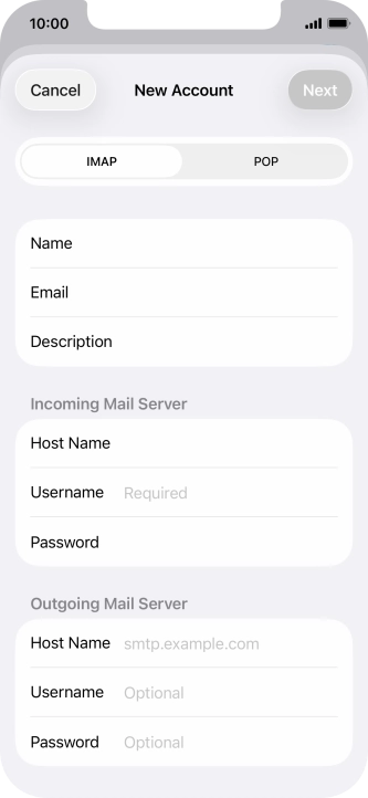 Press Username and key in the username for your email account. Press Username and key in the username for your email account.