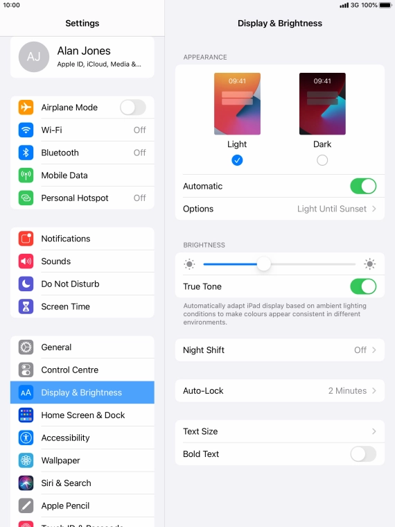 If you turn on the function, press Options and follow the instructions on the screen to select the required period of time for Dark Mode.