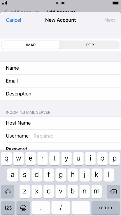 Press Username and key in the username for your email account.