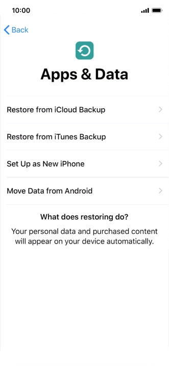 You can restore content from an iCloud backup when your phone is activated for the first time and after a factory reset. When this screen is displayed, your phone is ready to restore content from an iCloud backup.