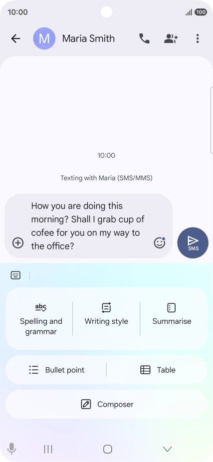 To check your text for grammatical and spelling errors, press Spelling and grammar and follow the instructions on the screen to use the function. To check your text for grammatical and spelling errors, press Spelling and grammar and follow the instructions on the screen to use the function.