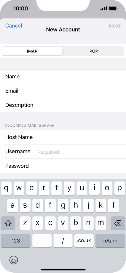 Press Username and key in the username for your email account. Press Username and key in the username for your email account.