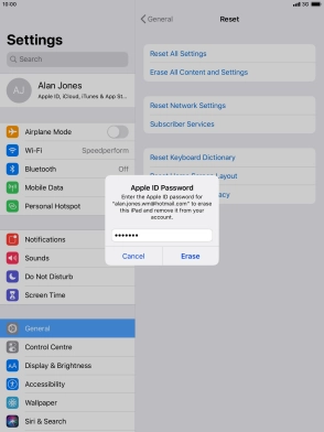 Key in the password for your Apple ID and press Erase. Wait a moment while the factory default settings are restored. Follow the instructions on the screen to set up your tablet and prepare it for use. Key in the password for your Apple ID and press Erase. Wait a moment while the factory default settings are restored. Follow the instructions on the screen to set up your tablet and prepare it for use.