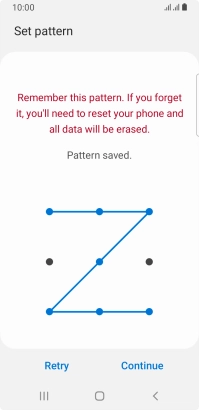 Slide your finger across the screen to connect at least four points and press Continue. Slide your finger across the screen to connect at least four points and press Continue.