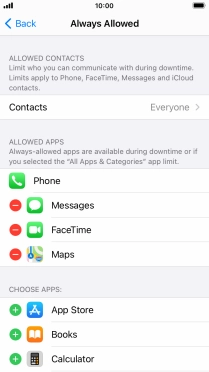 Press the add icon next to the required app to add it to the list of allowed apps during Downtime.