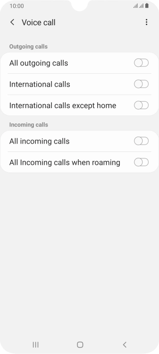 Press the indicator next to the required barring type to turn the function on or off. Press the indicator next to the required barring type to turn the function on or off.