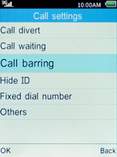 Select Call barring and press the Left selection key. Select Call barring and press the Left selection key.