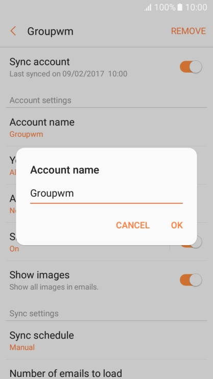 Key in the required name for the email account and press OK.