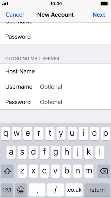 Press Username and key in the username for your email account. Please note that if you're using Vodafone's outgoing server, leave the username field empty. Press Username and key in the username for your email account. Please note that if you're using Vodafone's outgoing server, leave the username field empty.