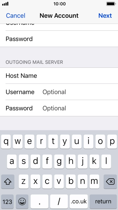 Press Username and key in the username for your email account. Please note that if you're using Vodafone's outgoing server, leave the username field empty. Press Username and key in the username for your email account. Please note that if you're using Vodafone's outgoing server, leave the username field empty.