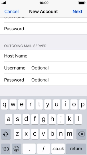 Press Username and key in the username for your email account. Please note that if you're using Vodafone's outgoing server, leave the username field empty. Press Username and key in the username for your email account. Please note that if you're using Vodafone's outgoing server, leave the username field empty.